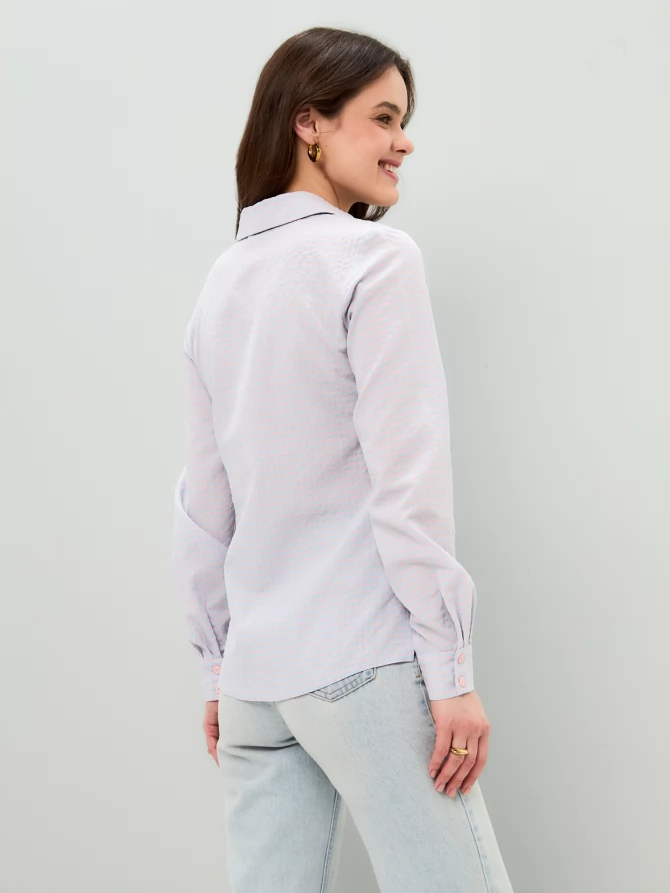 Блузка классическая с контрастной стойкой, розово-голубая клетка