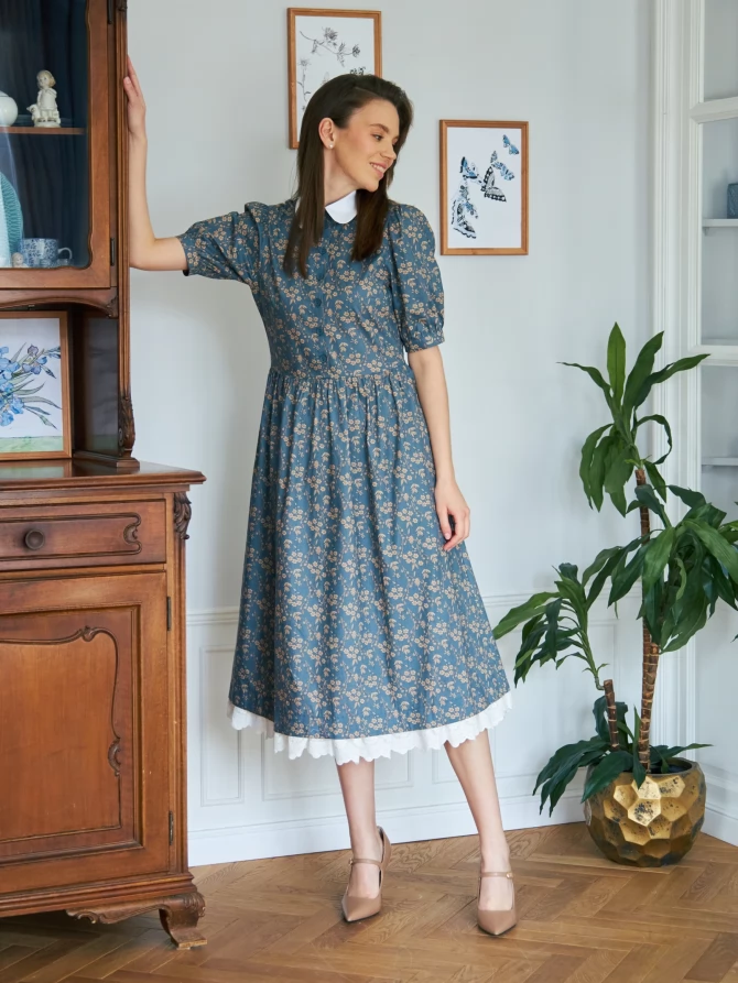 Платье хлопок OD-790-8 джинса ( бежевые цветы)