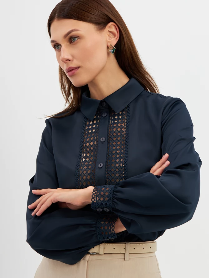 Блузка с кружевом OD-808-4 темно-синий