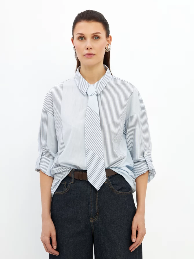 Рубашка полоса с галстуком OD-918-2 серо-голубая