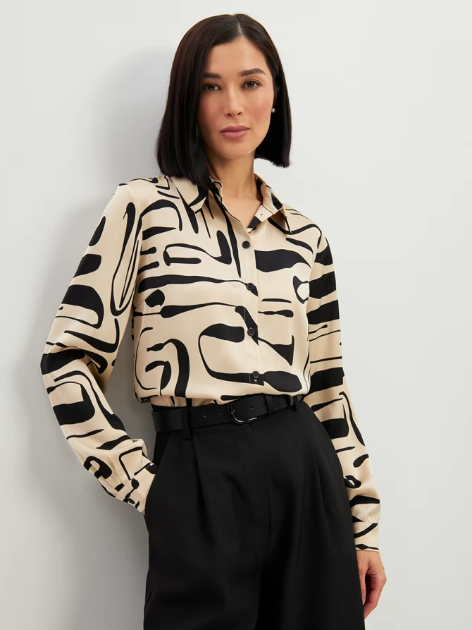 Блузка из атласной ткани OD-887-7 бежевый с черными разводами