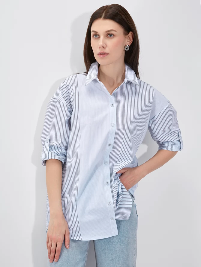 Рубашка полосатая хлопковая серо-голубая