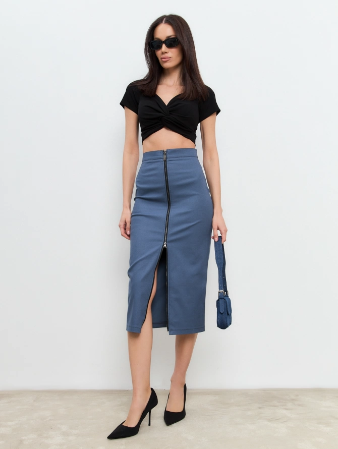 Юбка джинсовая миди с двухзамковой молнией синяя OD-865-1