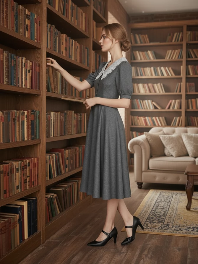 Платье с кружевным воротником  OD-888-1 серый