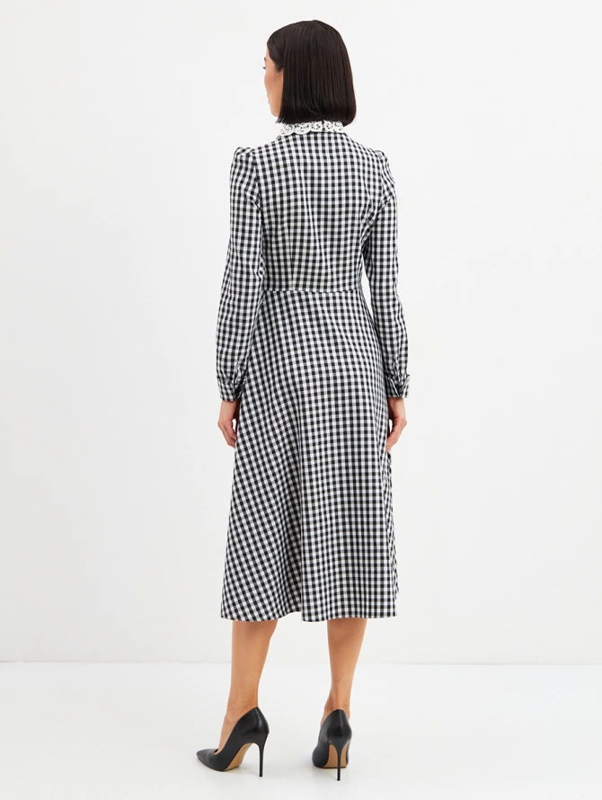Платье с кружевным воротником потайная планка, черно-белая клетка