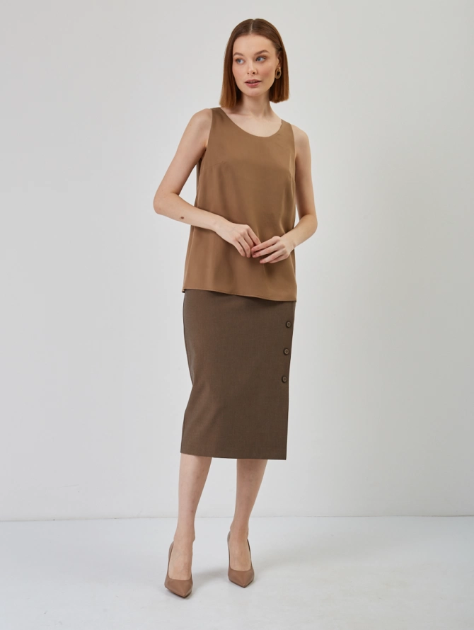 Топ из блузочной ткани с круглым вырезом OD-820-1, коричневый