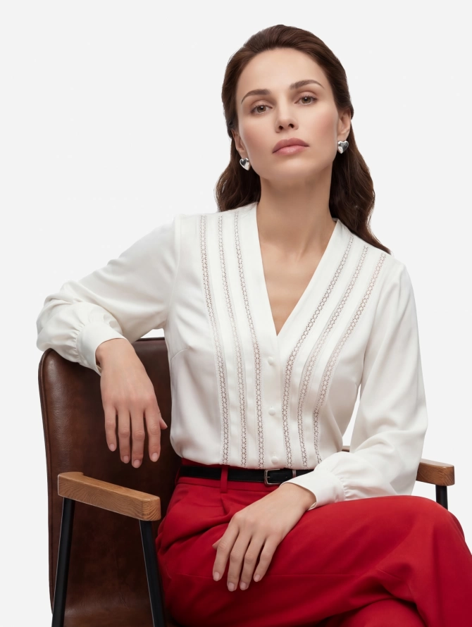 Блузка с V-образным вырезом и кружевом OD-1014-1 белый