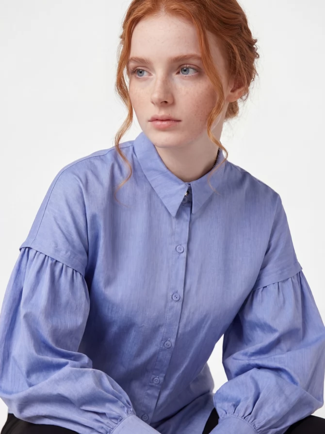 Рубашка с пышным рукавом OD-879-3 голубой джинс