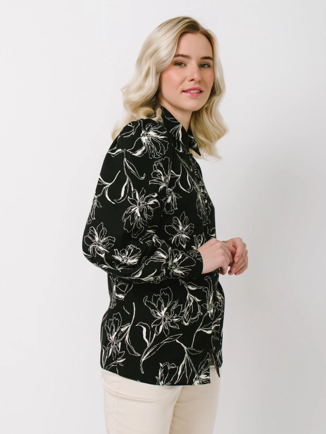 Блузка с принтом OD-639-25 черная белый цветок
