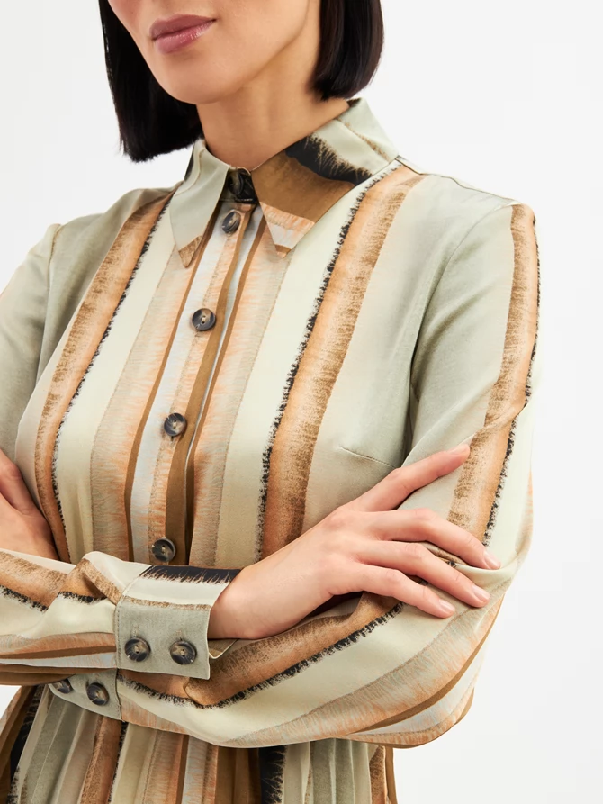 Платье с юбкой плиссе OD-883-2 коричневая с серой полосой