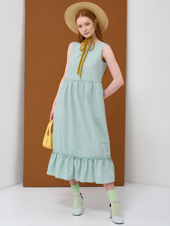 Платье хлопковое А-силуэта в желто-голубую клетку OD-792-1