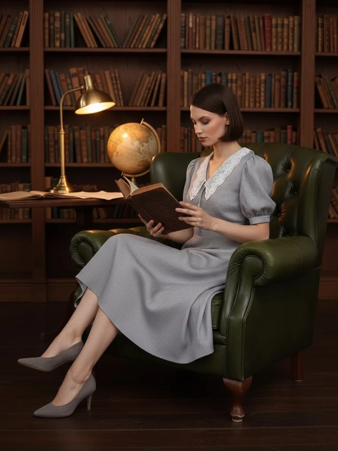 Платье с кружевным воротником  OD-888-2 св.серый