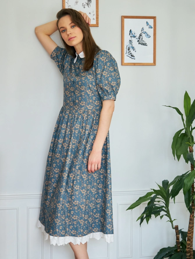 Платье хлопковое с белым воротничком и бежевыми цветами OD-790-8