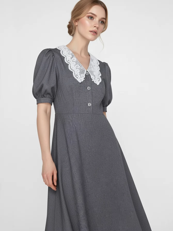 Платье с кружевным воротником  OD-888-1 серый