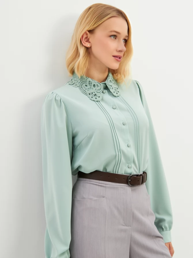 Блузка с воротником из кружева и защипами OD-913-4 св.зеленый