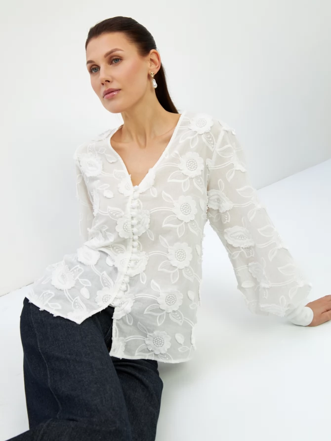 Блуза с обьемной вышивкой OD-987-1 белый ( обьемный цветок)