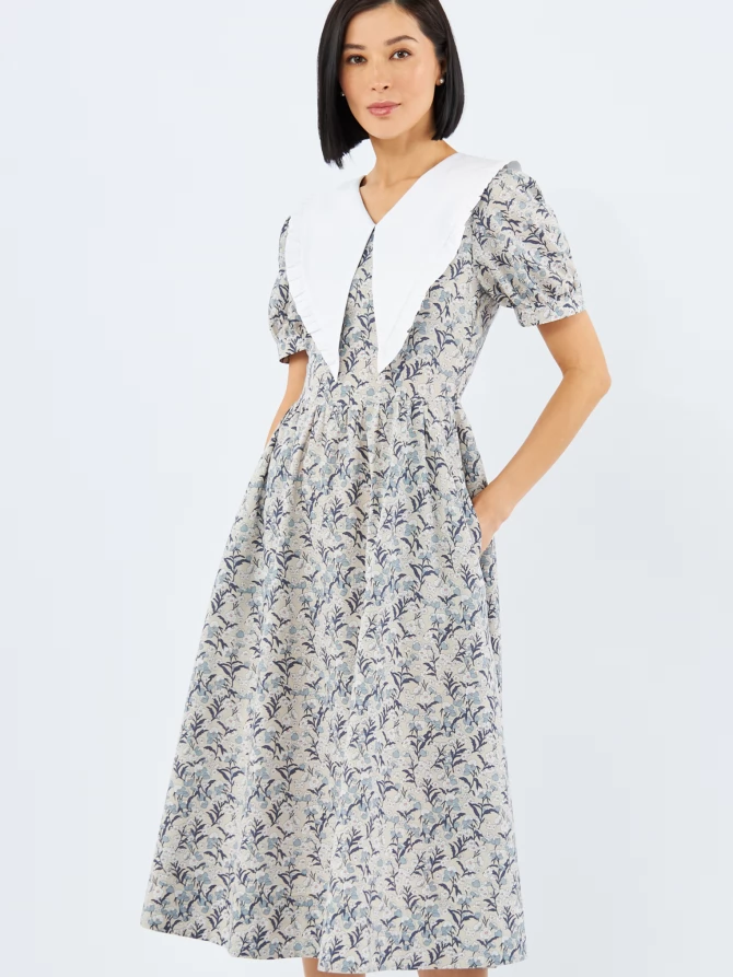 Платье из хлопка с большим контрастным воротником OD-935-3 цветы на бежевом