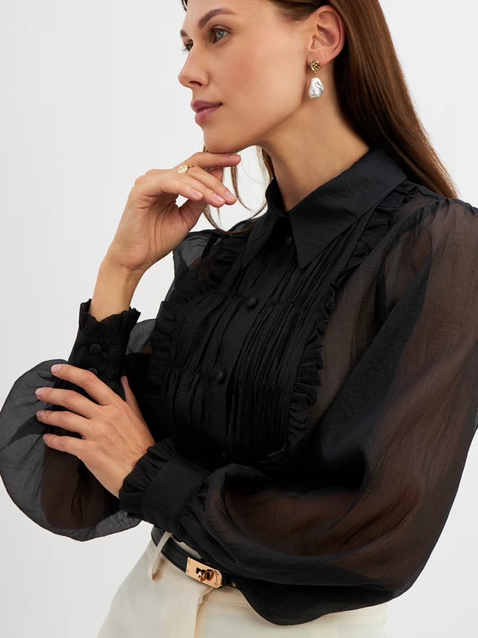 Блузка из органзы со сборкой OD-928-2 черный