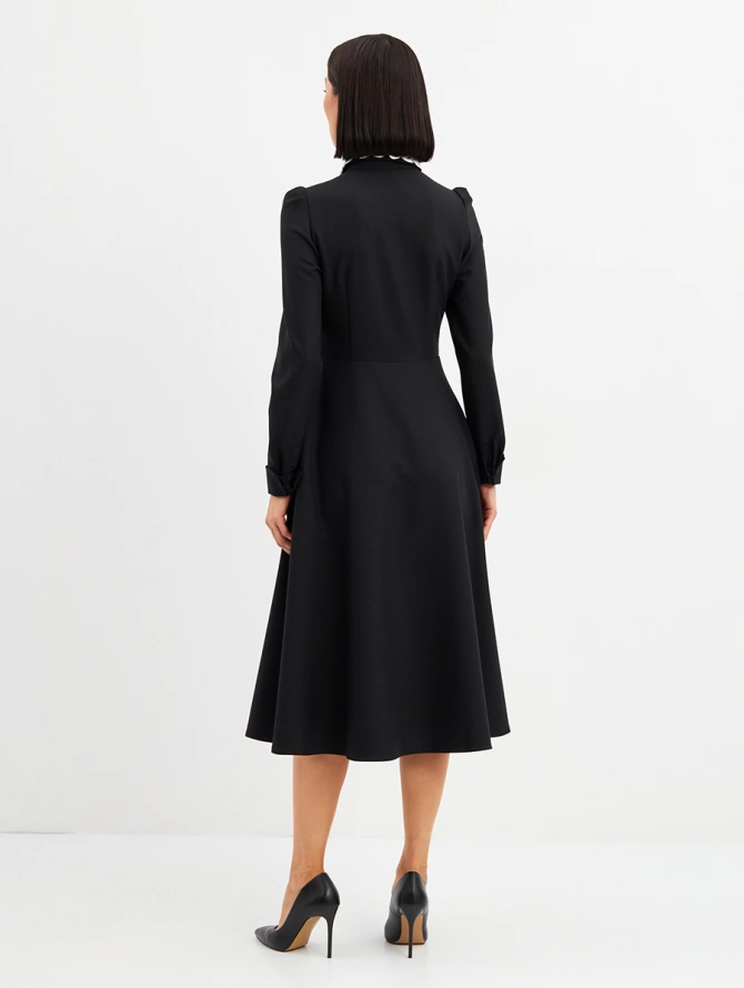 Платье с кружевным воротником, потайная планка, черный