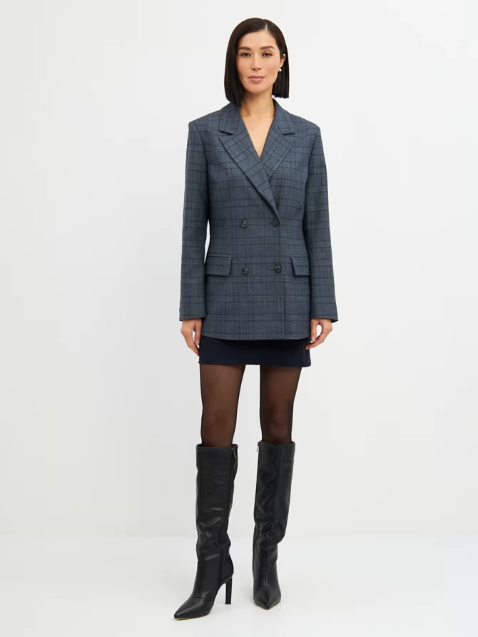 Жакет двубортный на подкладке  OD-980-2 клетка серо-синяя