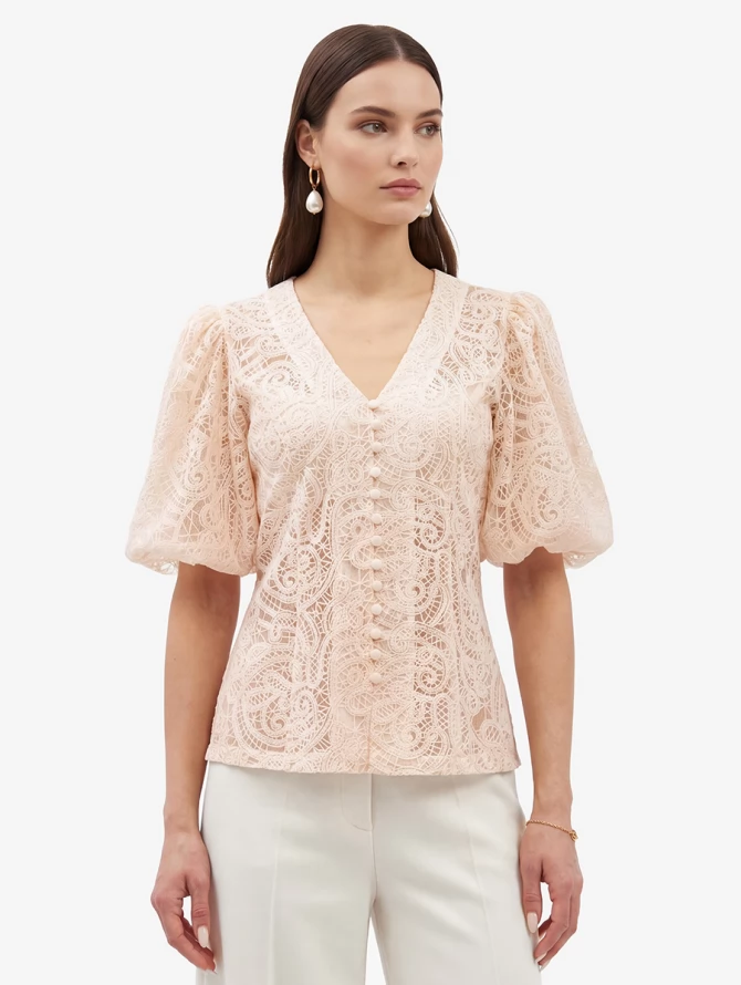 Блузка кружевная приталенная с объемным рукавом, лосось OD-1038-3