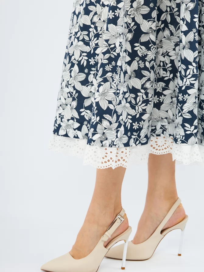 Платье из хлопка с кружевом OD-925-2 крупные белые цветы на синем