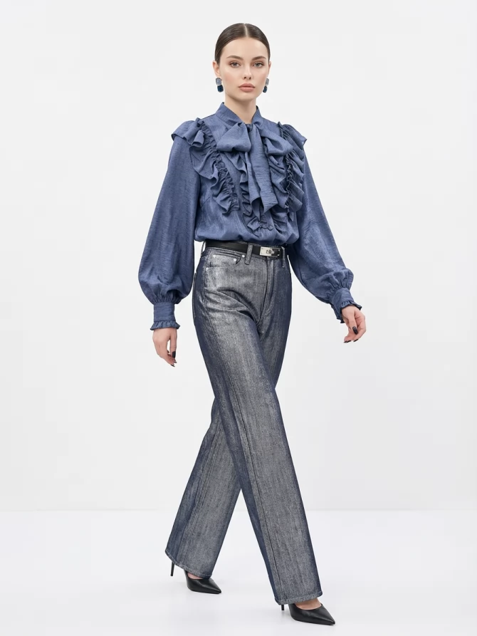 Блузка с рюшами и воротником-завязка OD-988-3 синий