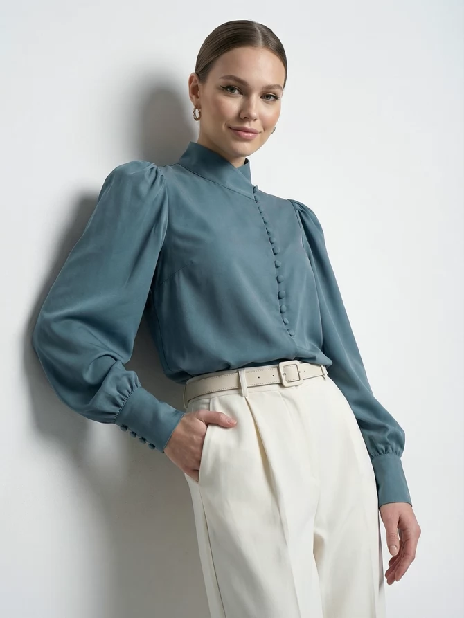 Блуза-косоворотка много пуговиц OD-550-14 серо-зеленый-голубой (морская волна)