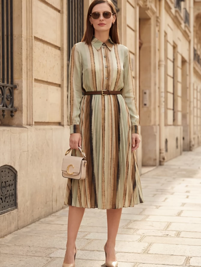 Платье с юбкой плиссе OD-883-2 коричневая с серой полосой