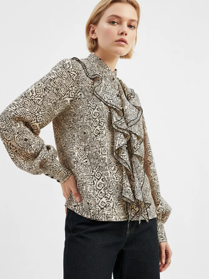 Блузка с отлетными рюшами OD-914-5 бежевый с черным