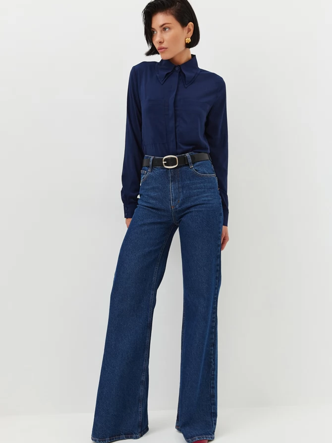 Блузка из шифона с двойным воротником OD-805-2 т. синий