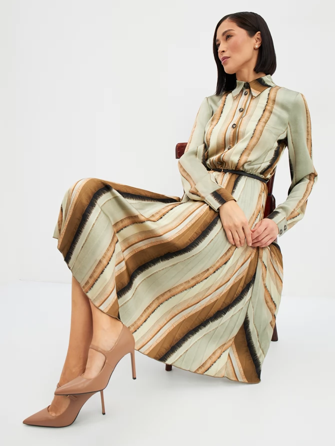 Платье с юбкой плиссе OD-883-2 коричневая с серой полосой