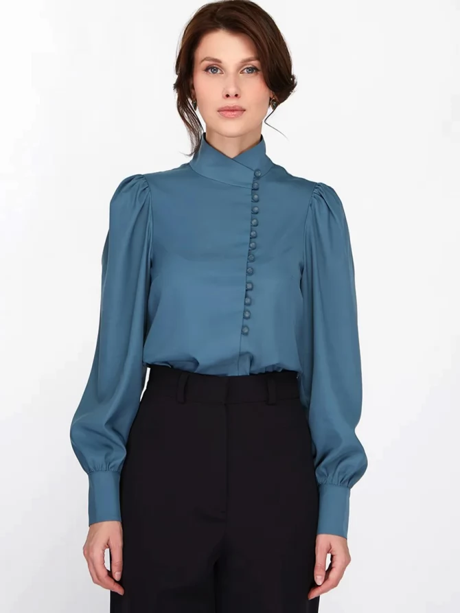 Блуза-косоворотка много пуговиц OD-550-14 серо-зеленый-голубой (морская волна)