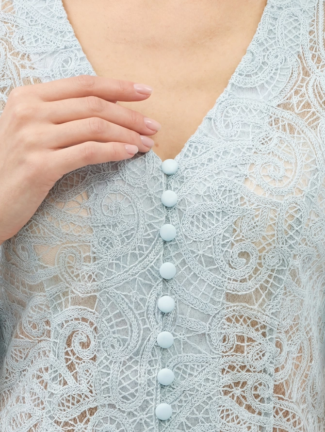 Блузка из кружева с объемными рукавами, бирюзовая