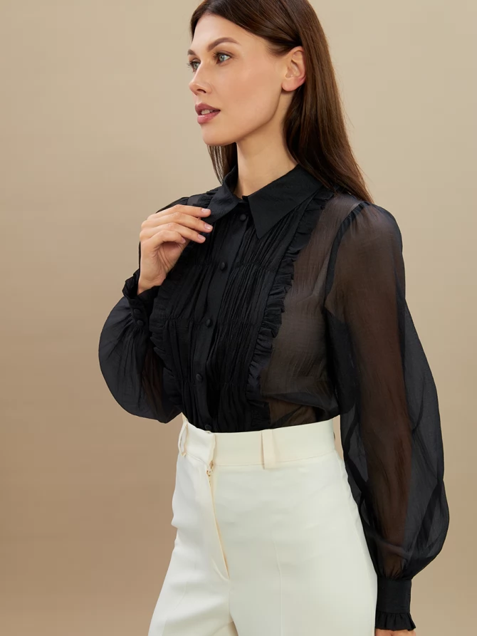 Блузка из органзы со сборкой OD-928-2 черный