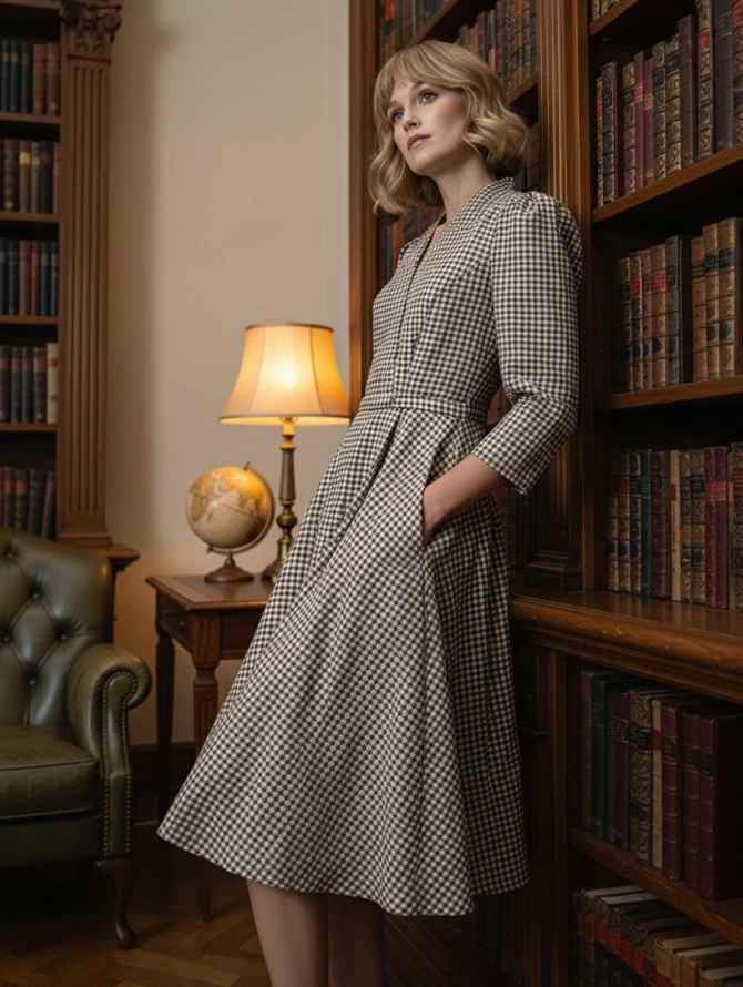 Платье с воротником-стойкой и V-образным вырезом, клетка сливочно-коричневая