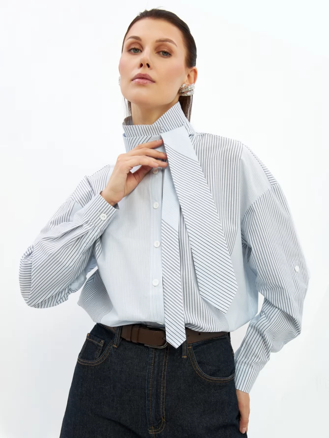 Рубашка полоса с галстуком OD-918-2 серо-голубая
