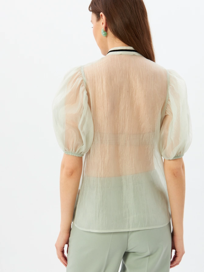 Блузка из органзы с бархатной завязкой и защипами серо-зеленая OD-951-2