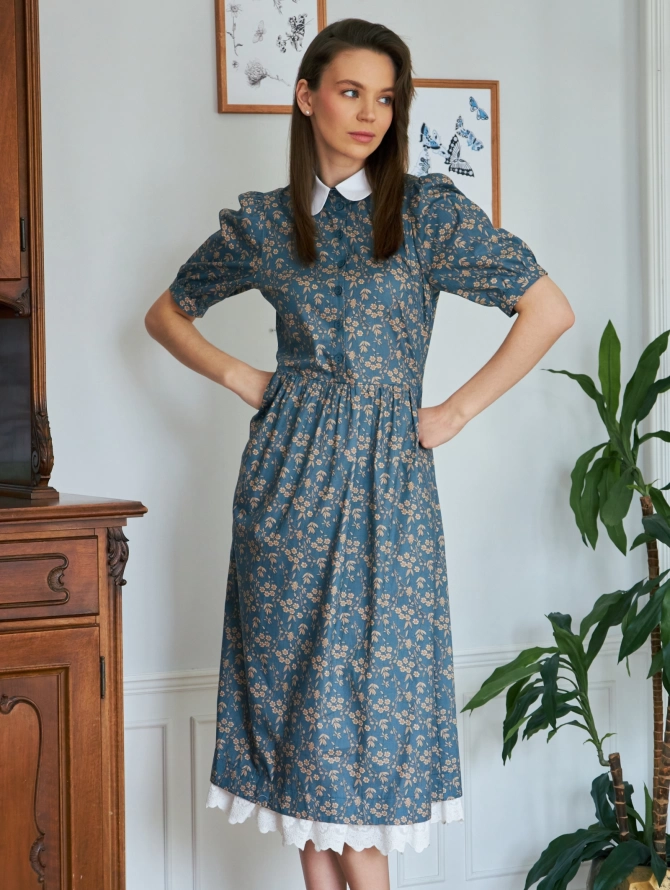 Платье хлопковое с белым воротничком и бежевыми цветами OD-790-8