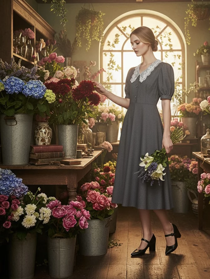 Платье с кружевным воротником  OD-888-1 серый