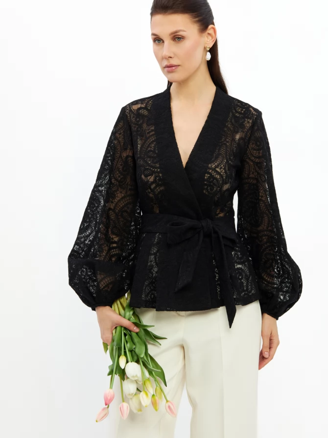 Блузка из кружева с баской и поясом OD-1033-2 черный