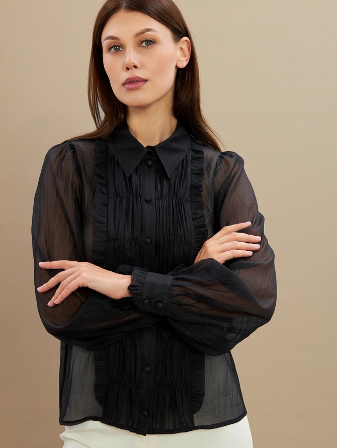 Блузка из органзы со сборкой OD-928-2, черный