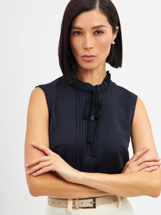 Блузка без рукавов с отделкой из тесьмы OD-973-2 т. синий