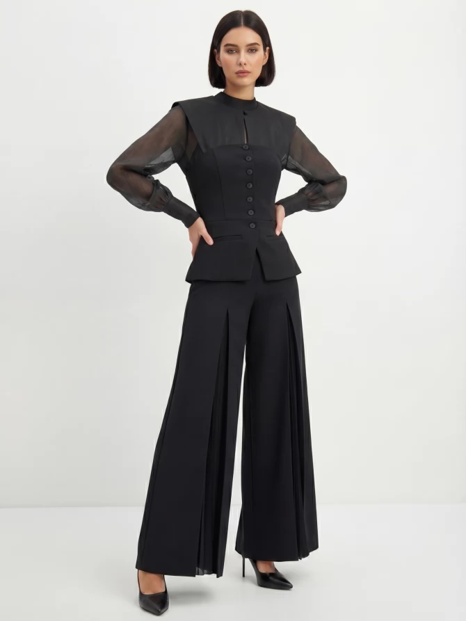 Блузка из органзы со съемным воротником OD-930-3 черный