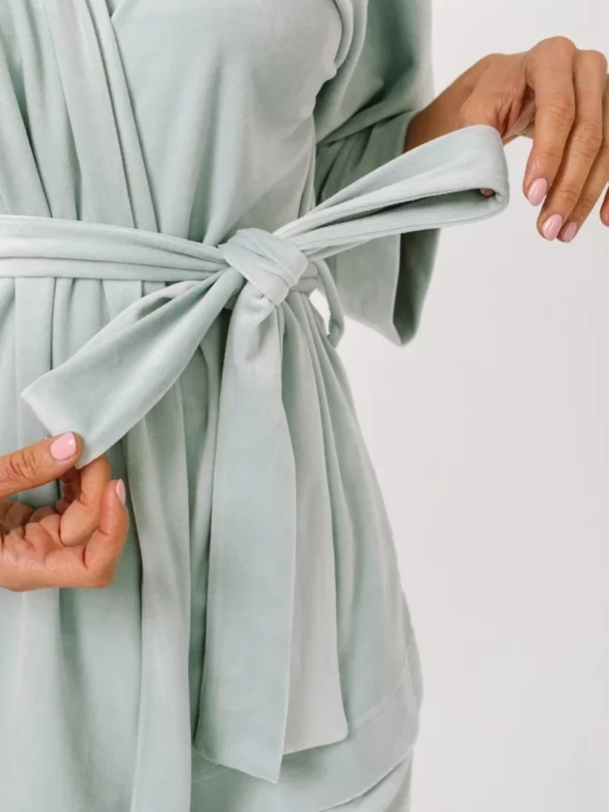 Пижама кимоно и брюки палаццо из велюра серо-зеленая