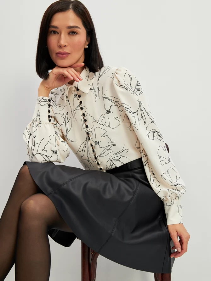 Блузка с принтом OD-639-29 белая черный цветок