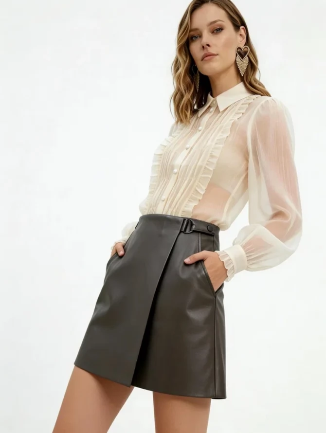 Юбка на запах из эко-кожи OD-1003-1 коричневый