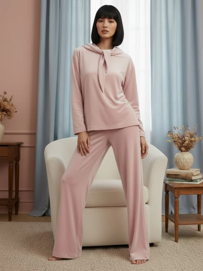 Костюм из велюра со съемным капюшоном и резинкой в комплекте OD-1009-1 розовый