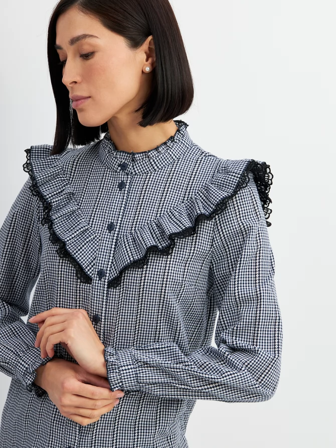 Блузка из хлопка с кружевом OD-896-2 сине- белая мелкая клетка
