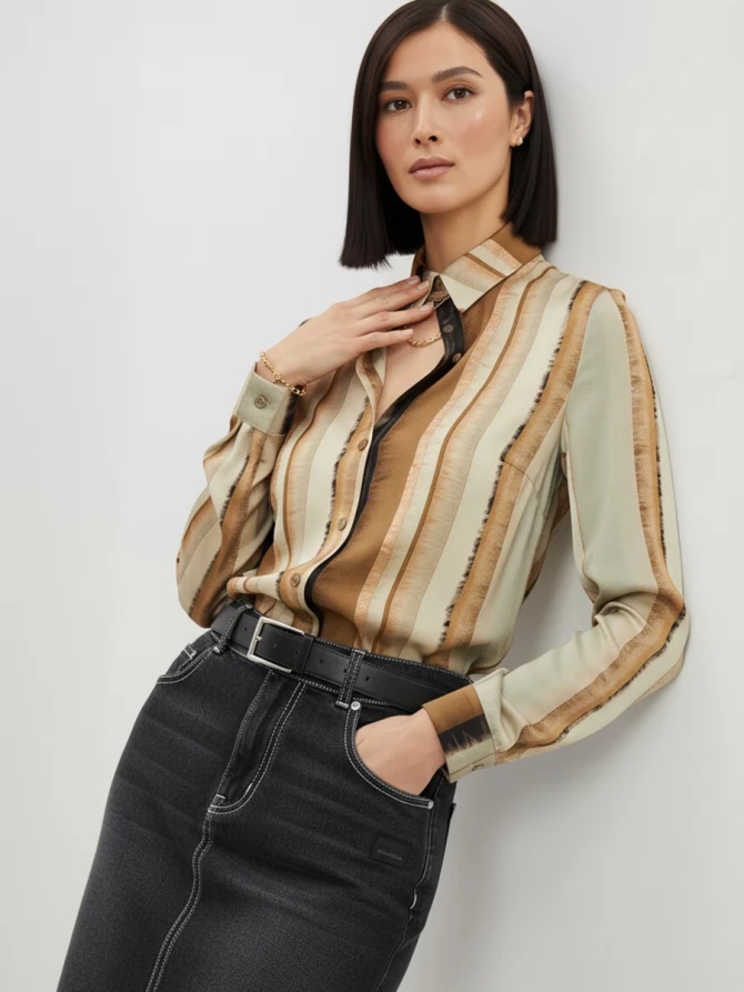 Блузка из атласной ткани OD-887-6 коричневый с серой полосой